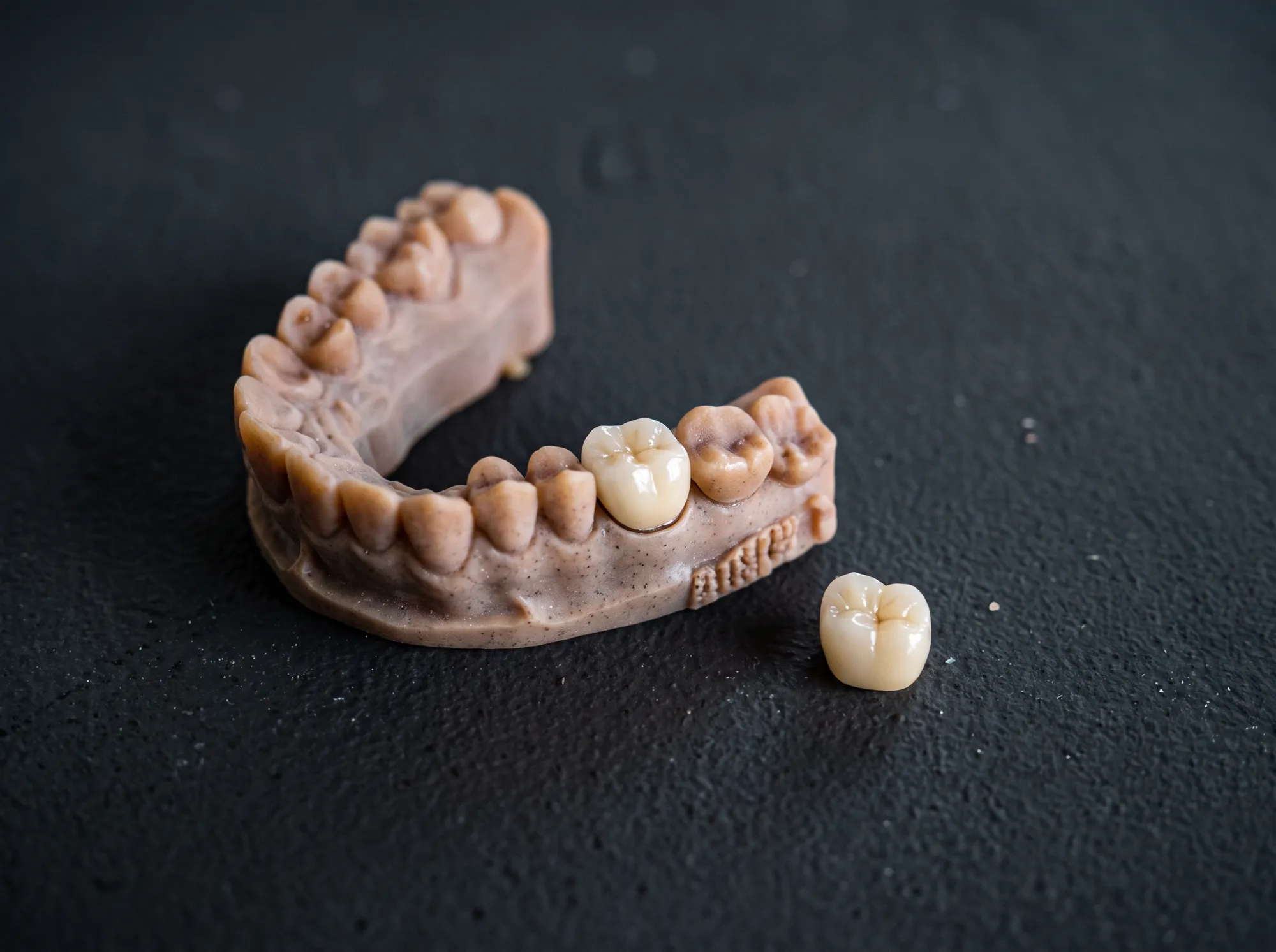 Coroană din zirconiu pe un molar al unui model dentar printat 3D, cu a doua coroană alături